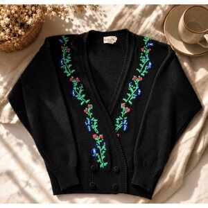 Breckenridge Vintage Black Floral Embroidered Wool Blend Cardigan Sweater Mens M
